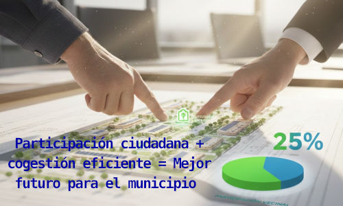 Infografía de la Asociación de Vecinos Pedro Verde que muestra un plano urbanístico y un gráfico de participación del 25%, simbolizando el modelo de cogestión propuesto para el municipio de Las Gabias.